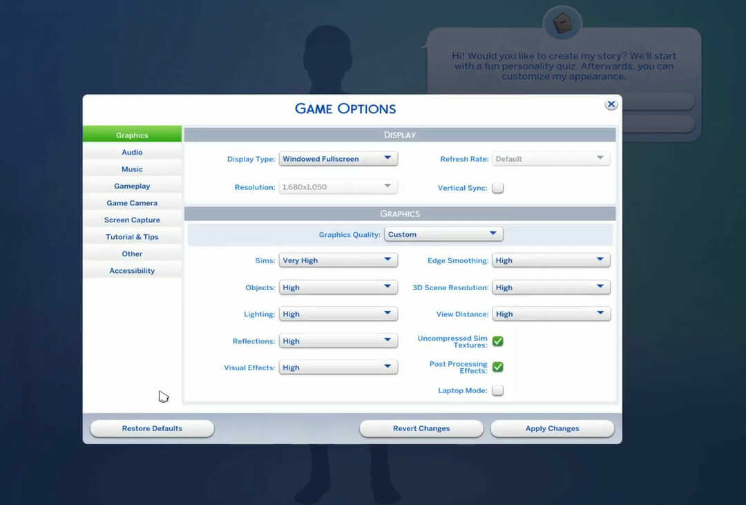Spēļu opciju loga modifikācijas nedarbojas Sims 4