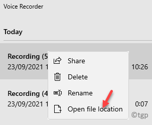 Voice Recorder App Enregistrement sur le côté gauche Clic droit Ouvrir l'emplacement du fichier