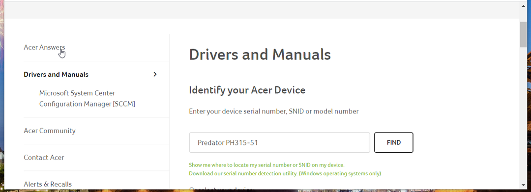 Caseta cu numărul de serie al dispozitivului cum se actualizează driverele Acer Predator Helios 300
