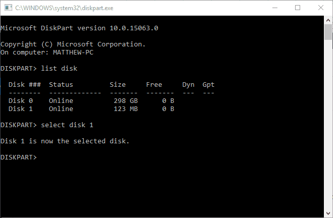 diskpart select disk Windows не зміг заповнити формат
