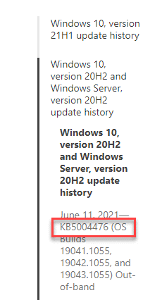 Strona historii aktualizacji systemu Windows 10 Zanotuj liczbę Kb po lewej stronie