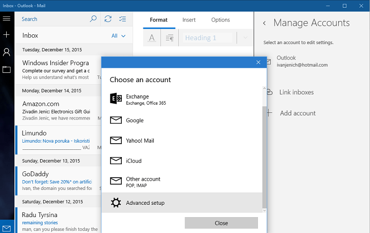 ne morem shraniti Outlook gmail v Windows 10 mail app 1