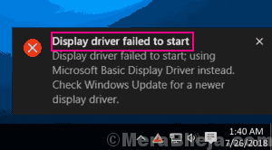 Драйверът на основния дисплей не успя да стартира Windows 10