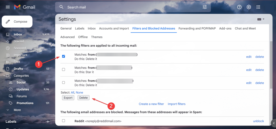 elimine el filtro para evitar que los correos electrónicos vayan a la papelera en gmail