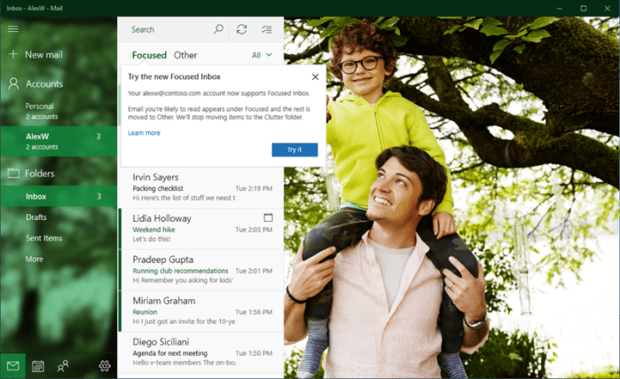 „Windows 10 Mail“ programa dabar palaiko „Focused Inbox“ ir „@mentions“