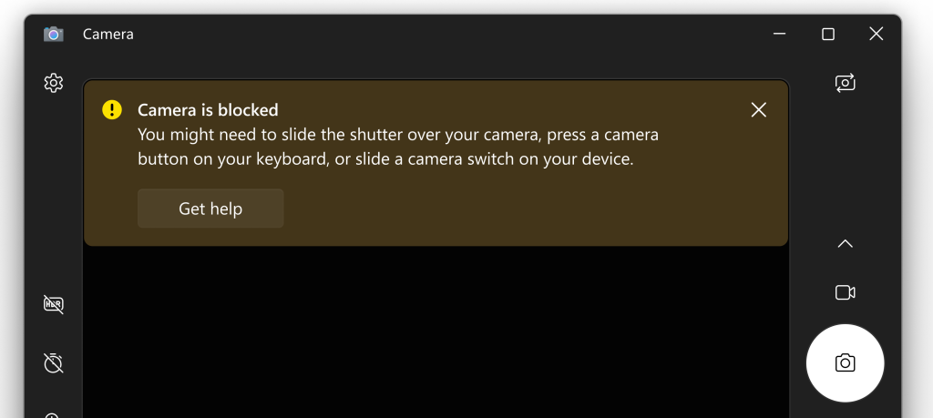 Kaamerarakendus, mis kuvab hoiatuse, et kaamera on blokeeritud.