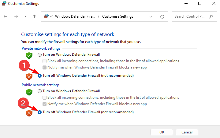 გამორთეთ Windows Defender Firewall
