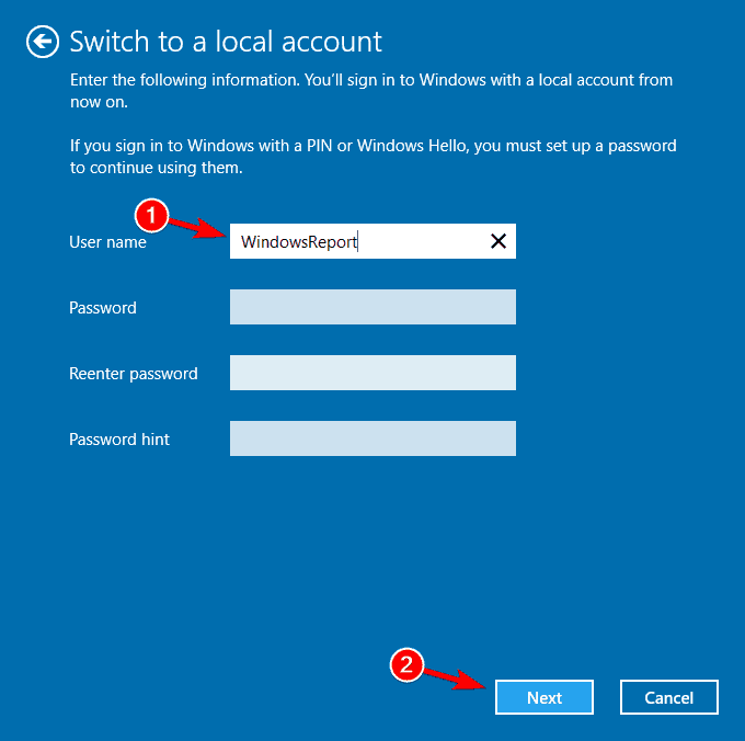 Windows 10-fingeraftryk nedtonet skifte til en lokal konto