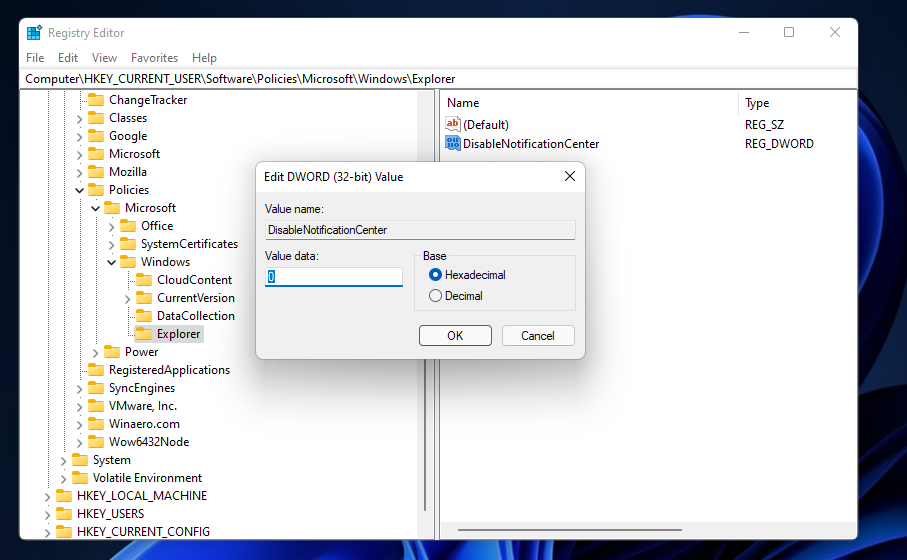 Вікно редагування значення DWOD Windows 11 Action center не відкривається