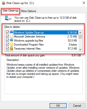 Nettoyage de disque pour le lecteur C Onglet Nettoyage de disque Fichiers à supprimer Sélectionnez toutes les cases OK
