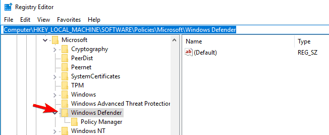 rekisterieditori Windows Defender -avain Msmpeng.exe jatkuu