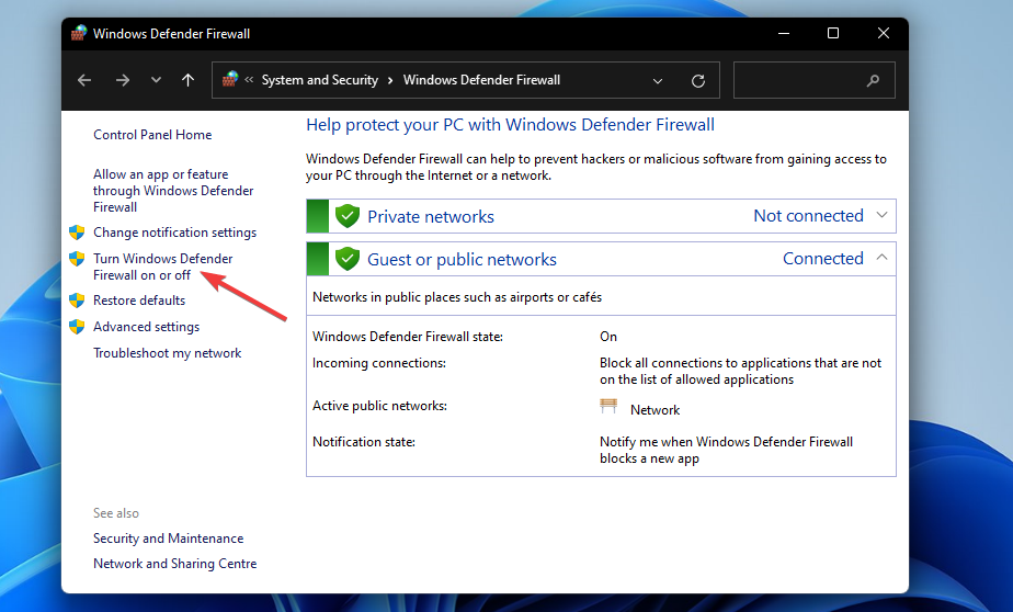 Ota Windows Defenderin palomuuri käyttöön tai poista se käytöstä -vaihtoehto Windows 11 vpn ei toimi