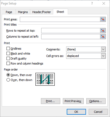 Вікно налаштування сторінки Excel, таблиці, межі та лінії сітки не друкуються