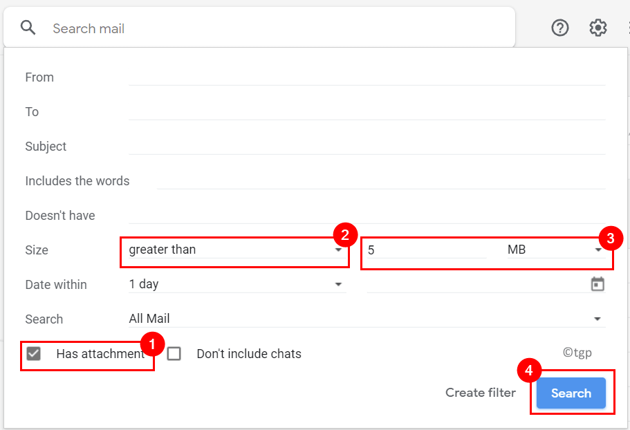 Filter iskanja Gmail Select ima velikost priloge Min