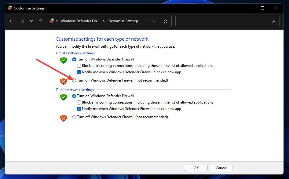 Die Windows Defender-Firewall deaktivieren Option Windows 11 Razer Synapse konnte nicht installiert werden