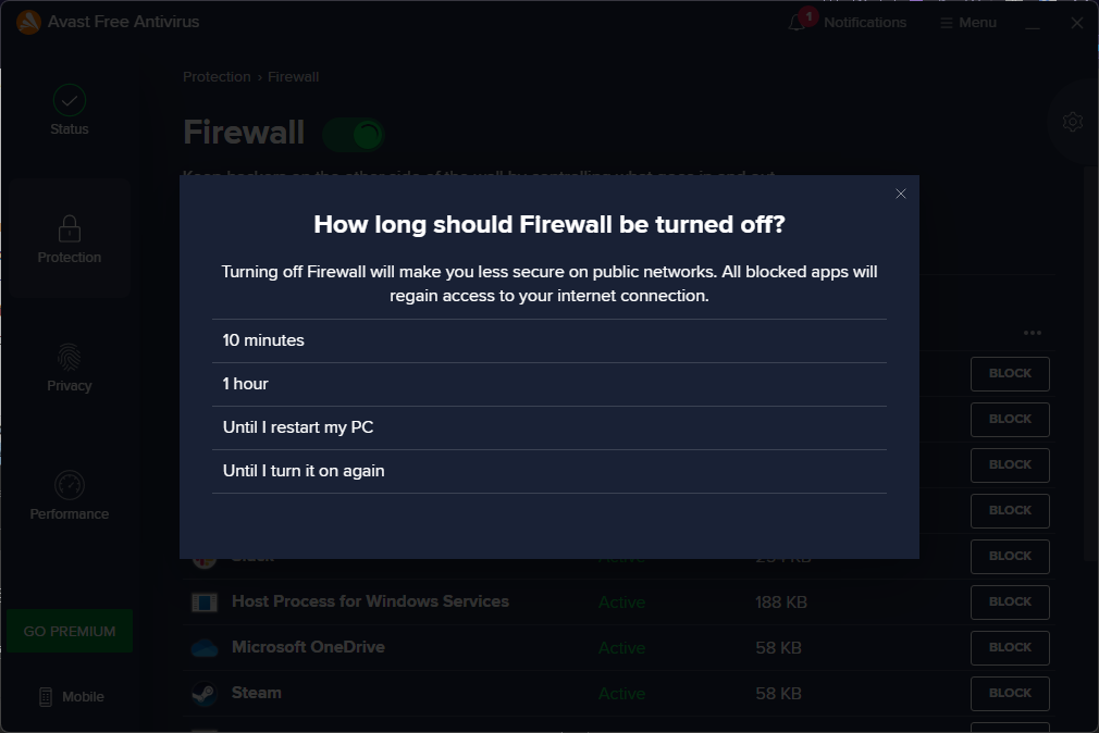 Duração do tempo em que o firewall está desligado.