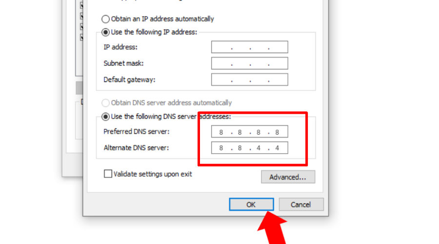 ใช้ที่อยู่เซิร์ฟเวอร์ DNS ต่อไปนี้ใน Windows