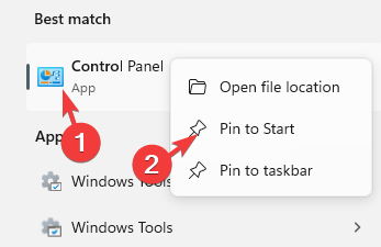 klik kanan pada Control Panel dan pilih Pin to Start