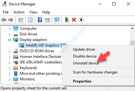 „Device Manager“ ekrano adapteriai Išskleiskite grafikos tvarkyklę dešiniuoju pelės mygtuku spustelėkite Pašalinti įrenginį