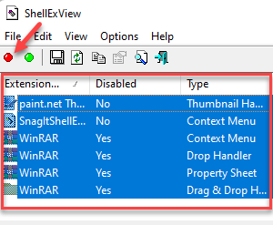 Shellexview Ctrl + A Extensions punainen painike