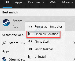 Resultado Steam Haga clic con el botón derecho en Abrir ubicación de archivo