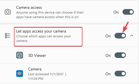 Attiva Consenti alle app di accedere alla videocamera nelle impostazioni di Privacy e sicurezza