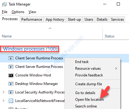 Gestionnaire des tâches Windows Processes Client Server Runtime Process Cliquez avec le bouton droit sur l'emplacement du fichier ouvert