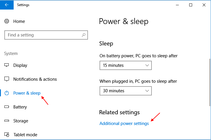 Paramètres de veille de l'alimentation Windows 10