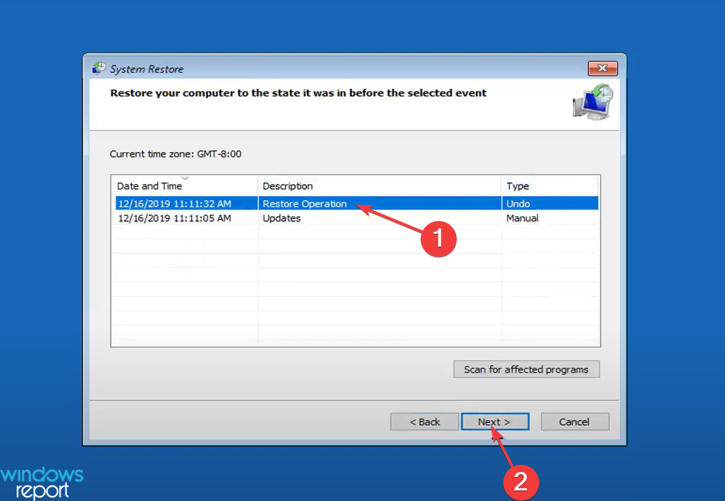 Windows 11 სისტემის აღდგენის გასაუქმებლად აირჩიეთ წერტილის გაუქმება