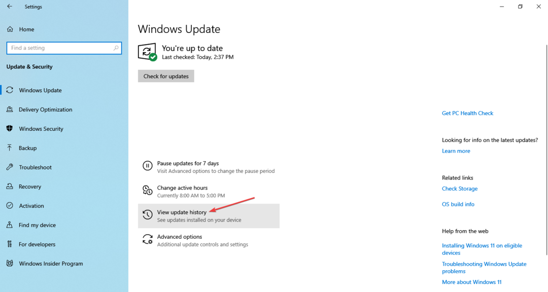 visualiza la cronología de los aggiornamenti per correggere l'eccezione kmode non gestita da Windows 10