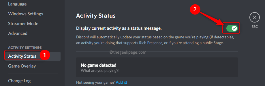 Discord postavke Status aktivnosti Omogući otkrivanje igre Min