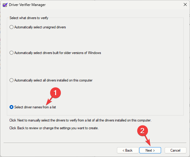 verifiergui_Valige loendist Vali kontrollitavad draiverid kõik mitte-Microsofti pakutavad draiverid ja Lõpeta.