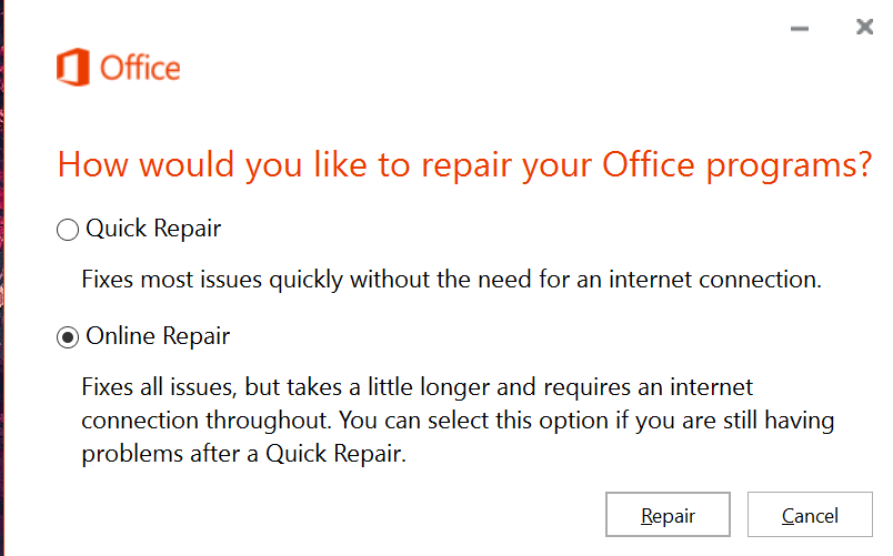 Office 365 لا توجد موارد نظام كافية لعرض الإصلاح بالكامل