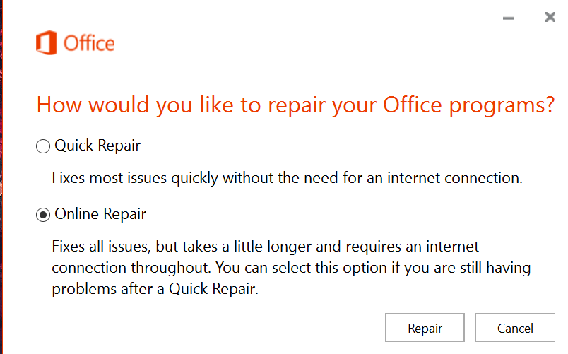 Το Office 365 δεν διαθέτει αρκετούς πόρους συστήματος για την πλήρη επισκευή