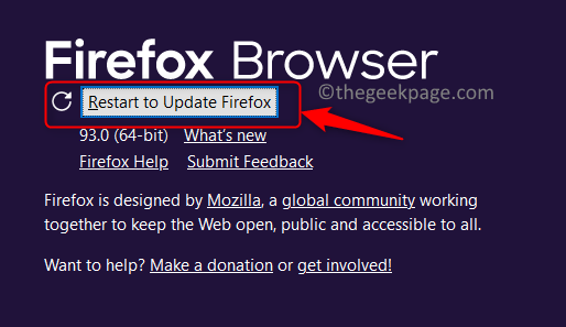 Tarayıcı Min'i Güncellemek için Firefox Yeniden Başlatın