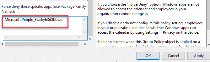 ให้แอพ Windows เข้าถึงปฏิทินบังคับปฏิเสธประเภทแอพเฉพาะเหล่านี้ Pfn Apply Ok