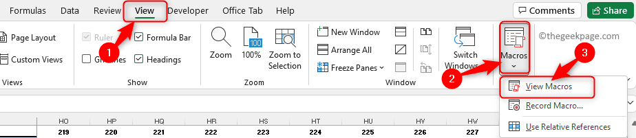 Exibição do Excel Exibição da guia Macros Mín.