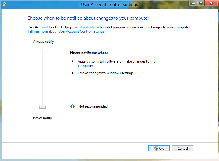 Windows 8 uac keelake lubamine
