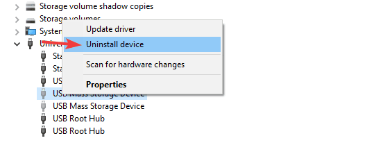 dezinstalați dispozitivul de stocare în masă USB are o problemă cu driverul