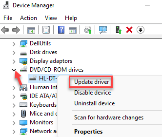 Диспетчер пристроїв DVD або компакт -диск Rom правою кнопкою миші на драйвері оновлення драйвера