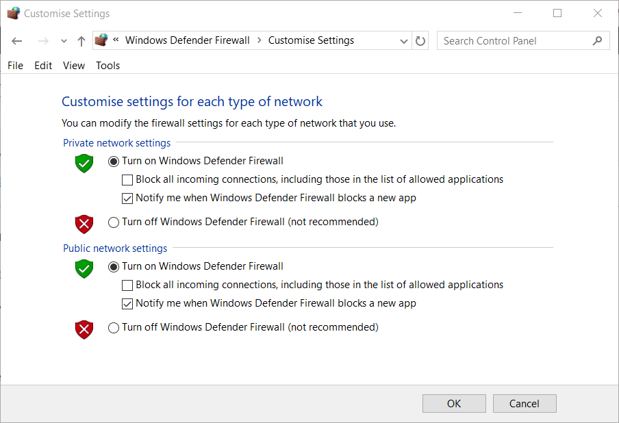 Desactive las opciones del Firewall de Windows Defender Hamachi no funciona Minecraft