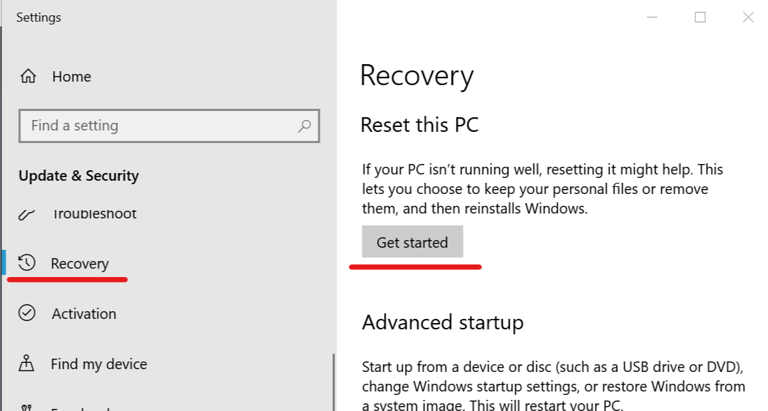 сбросить этот компьютер с инструкциями в указанной памяти Windows 10