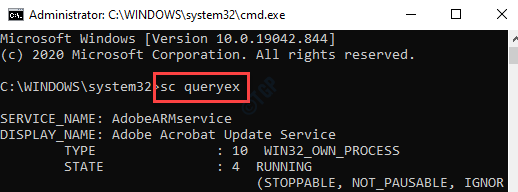 พรอมต์คำสั่ง (ผู้ดูแลระบบ) เรียกใช้คำสั่ง Sc Queryex Enter