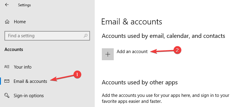 Добавить кнопку учетной записи Файл данных Outlook недоступен 