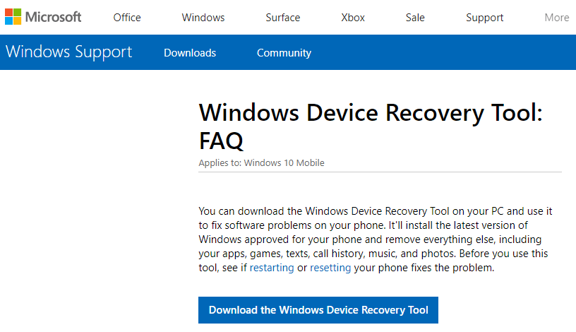Windowsin laitteen palautustyökalu (WDRT)