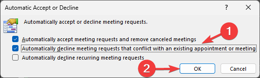 OUTLOOK_ Автоматично відхиляти запрошення на зустріч, які суперечать існуючій зустрічі або зустрічі, щоб відхилити зустріч.