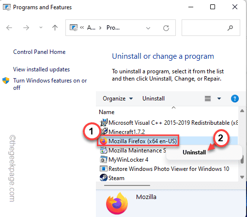 „Firefox“ pašalinimas iš valdymo skydelio Min