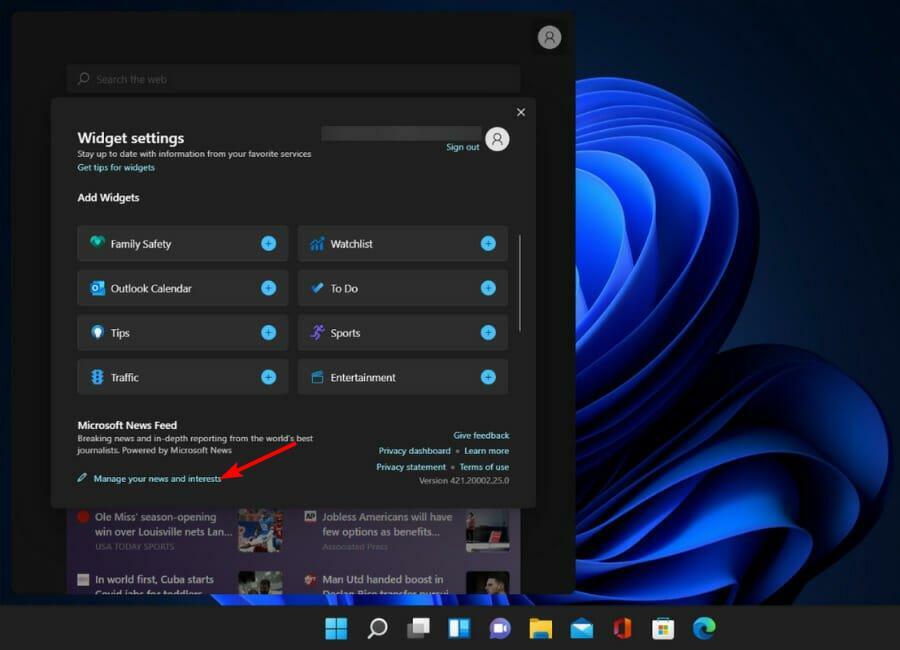 pārvaldīt ziņas un intereses operētājsistēmā Windows 11