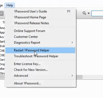 Redémarrez 1Password Helper option une extension de mot de passe ne fonctionne pas