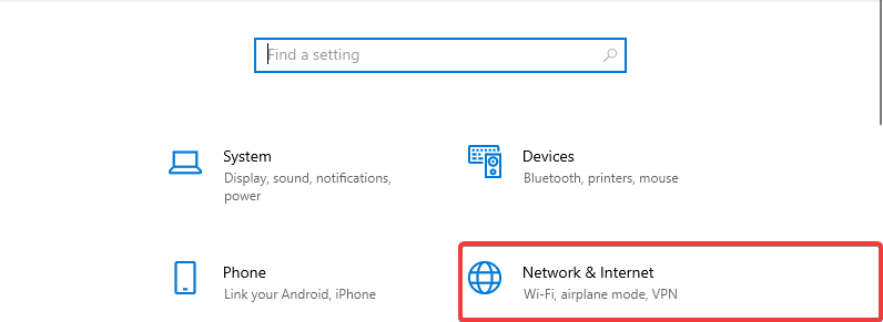 O Windows 10 mostra Rede e Internet